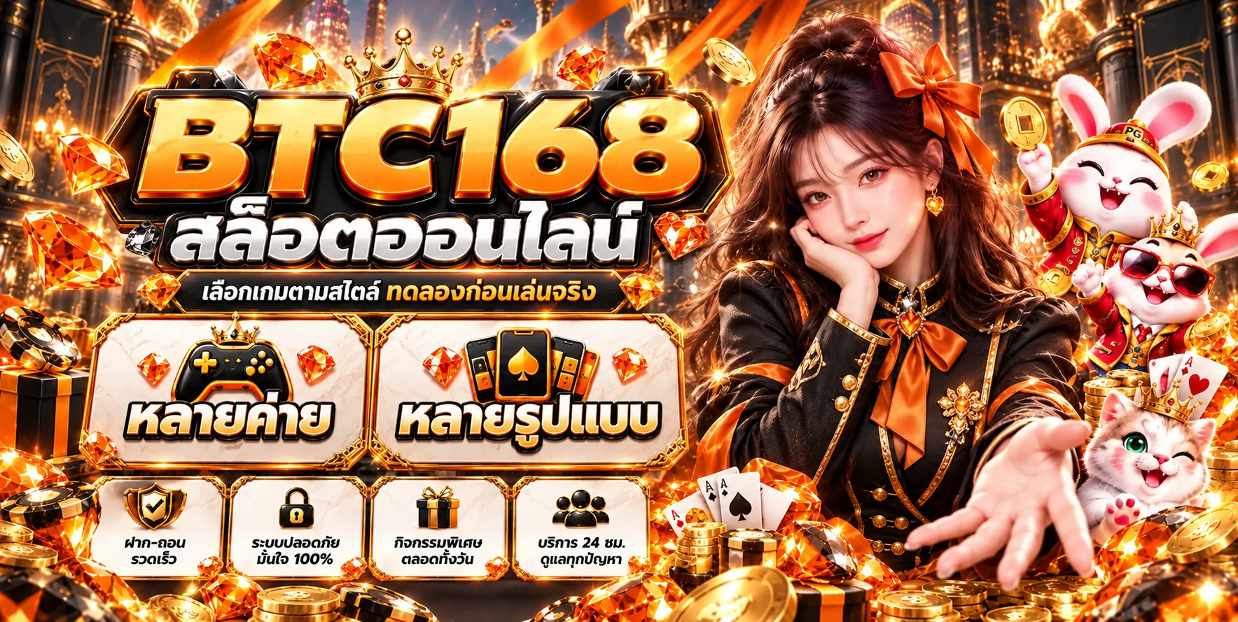 แบนเนอร์ BTC168 สล็อตออนไลน์หลายค่ายโทนดำส้ม